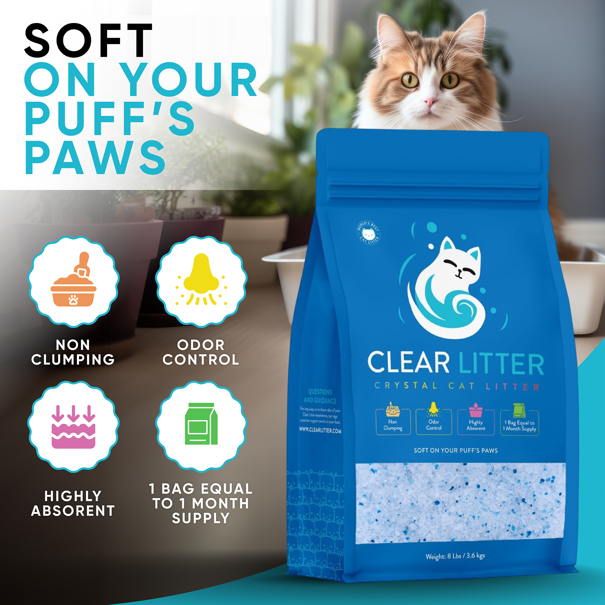 Clear Crystal Cat Litter - Ultra-Absorbent, Non-Clumping, Long-Lasting Freshness: Reduces Cleaning, Controls Odor 5x Faster, Dust-Free, Lightweight, Trusted Quality for a Healthy and Happy Pet - 8lb Bag (1), Blue