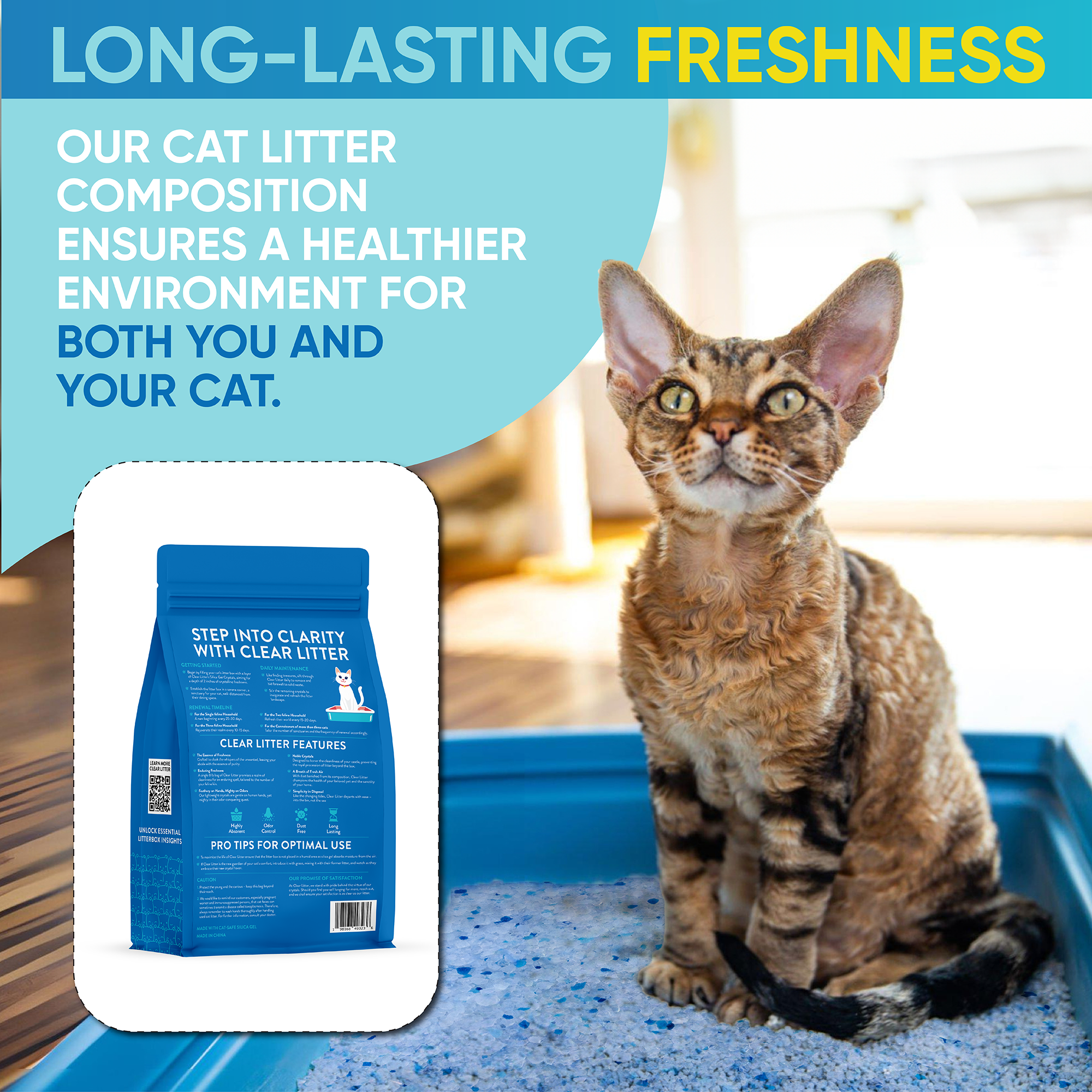 Clear Crystal Cat Litter - Ultra-Absorbent, Non-Clumping, Long-Lasting Freshness: Reduces Cleaning, Controls Odor 5x Faster, Dust-Free, Lightweight, Trusted Quality for a Healthy and Happy Pet - 8lb Bag (1), Blue